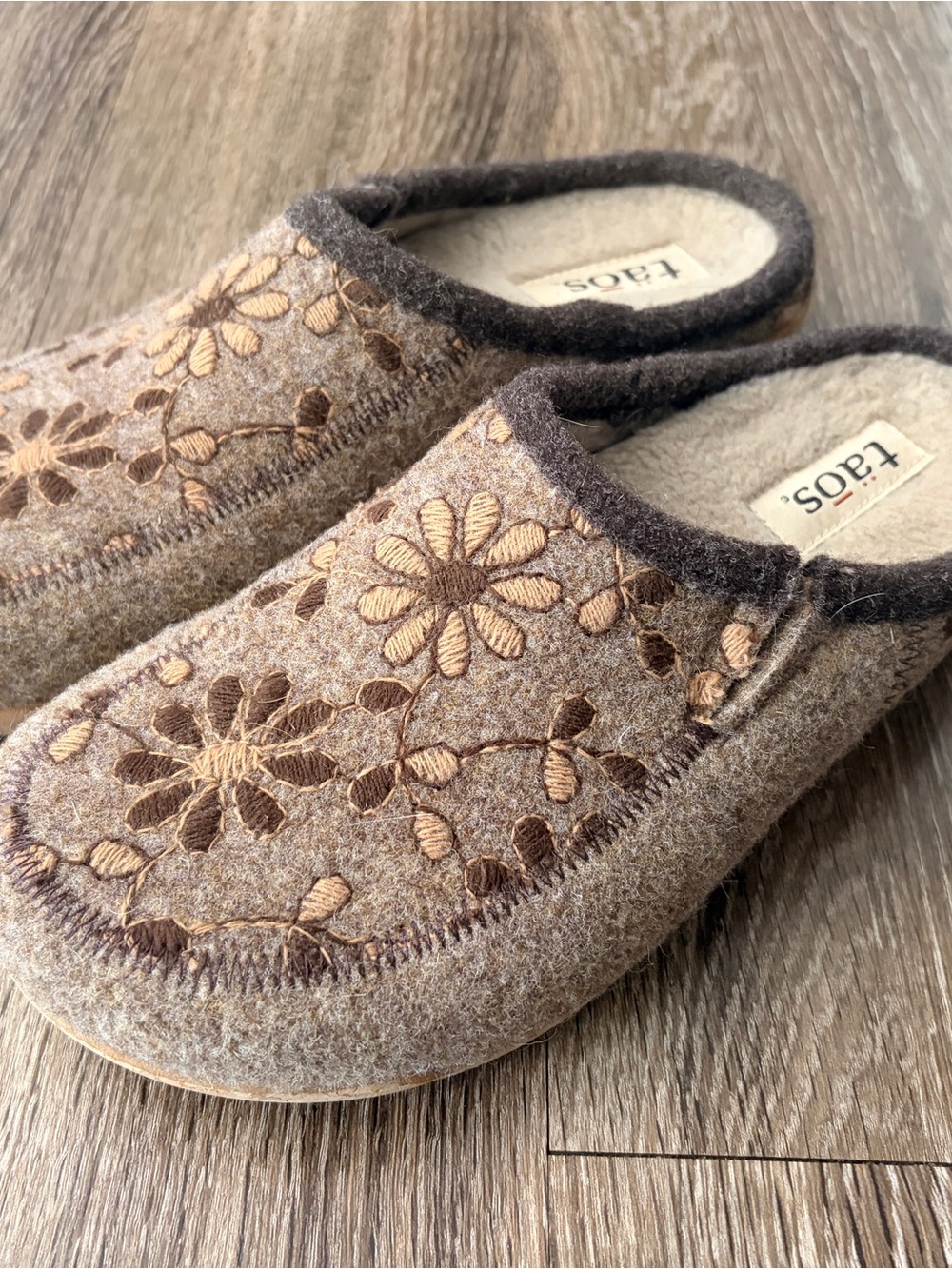 Taos Footwear Taupe and Dark Brown Floral Embroidered Women's Slip-On Slippers